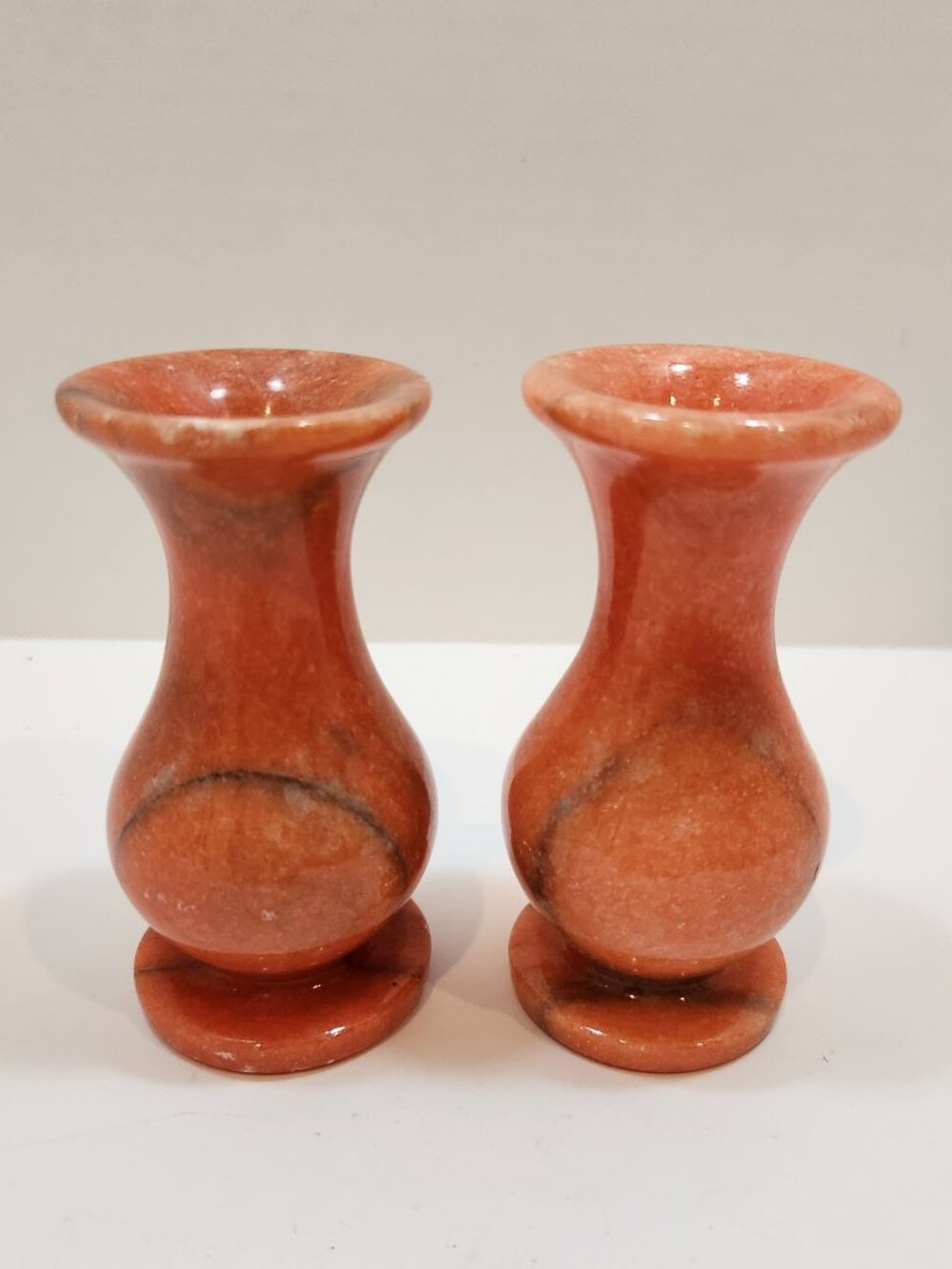 Vintage MCM Handcarved Mini Orange Onyx Marble Bud Vases Set of 2